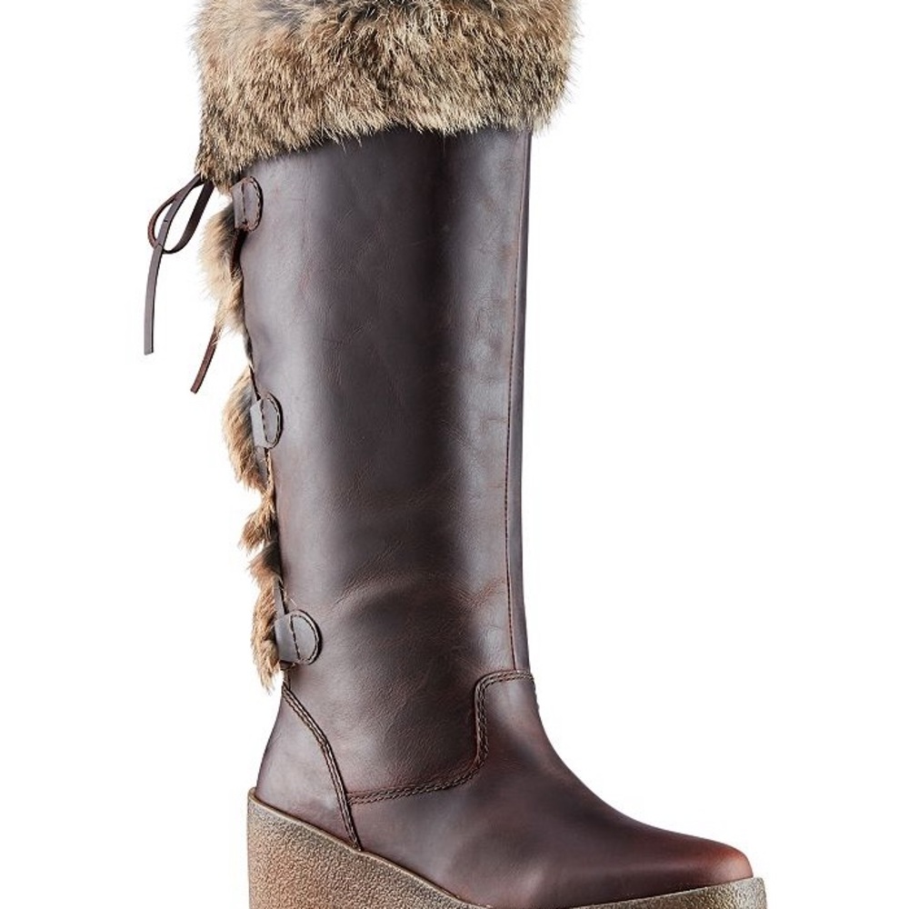 Cougar Brown Rabbit Fur-Trimmed Knee-High Leather Laced Boots